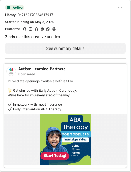 Autism Learning Partners Facebook ad running in Colorado