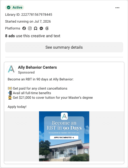 Ally Behavior Centers Facebook ad running in Maryland
