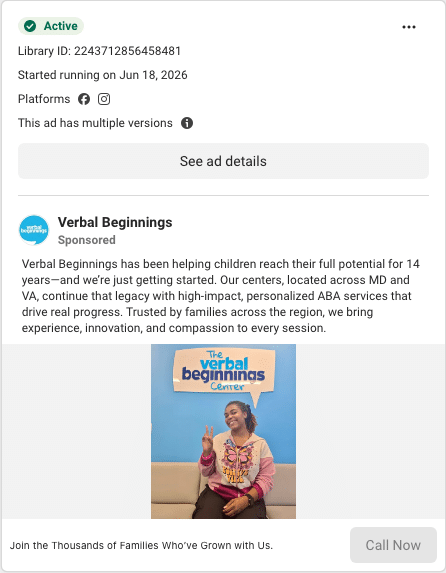 Verbal Beginnings Facebook ad running in Delaware
