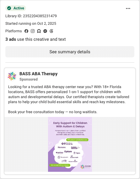 BASS ABA Therapy Facebook ad running in Florida