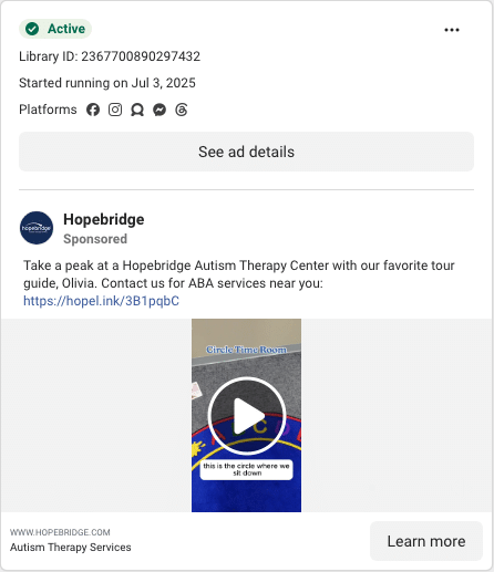 Hopebridge Facebook ad running in Florida