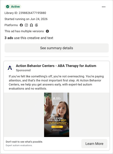 Action Behavior Centers Facebook ad running in Illinois