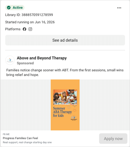 Above and Beyond Therapy Facebook ad running in Idaho
