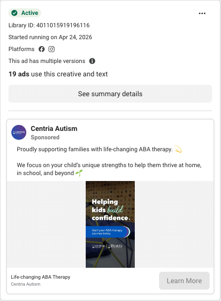 Centria Autism Facebook ad running in Oregon