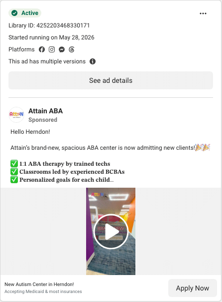 Attain ABA Facebook ad running in Virginia