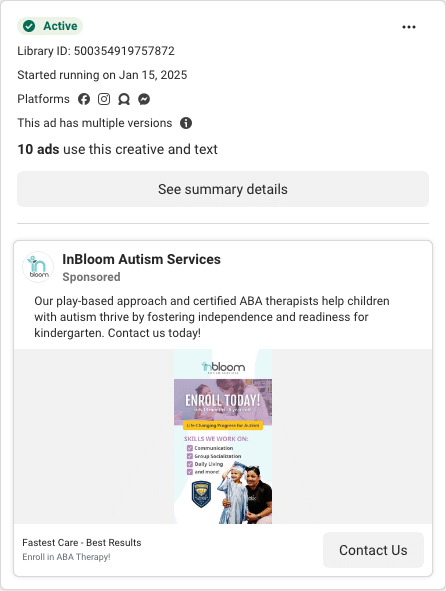 InBloom Autism Services Facebook ad running in Connecticut