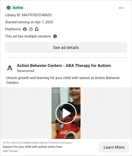 Action Behavior Centers Facebook ad running in Minnesota