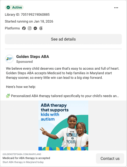 Golden Steps ABA Facebook ad running in Kentucky