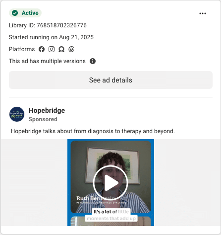 Hopebridge Facebook ad running in Kentucky
