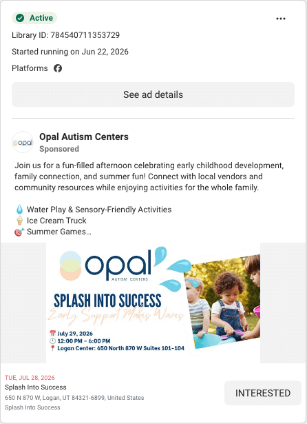 Opal Autism Centers Facebook ad running in Utah