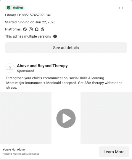 Above and Beyond Therapy Facebook ad running in Idaho