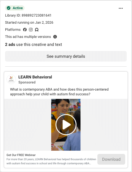 LEARN Behavioral Facebook ad running in Nebraska