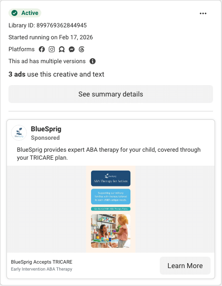 BlueSprig Facebook ad running in Oregon