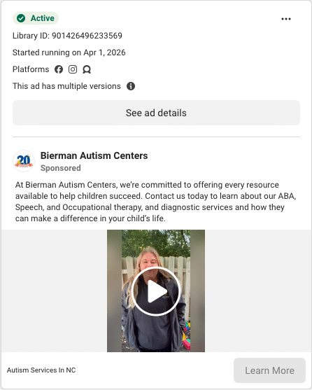 Bierman Autism Centers Facebook ad running in Rhode Island