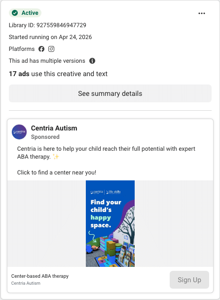 Centria Autism Facebook ad running in Oregon