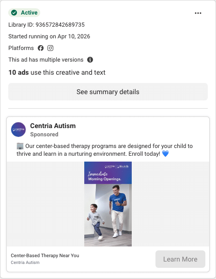 Centria Autism Facebook ad running in Ohio