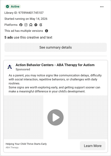 Action Behavior Centers Facebook ad running in Minnesota