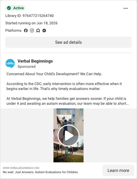 Verbal Beginnings Facebook ad running in Delaware