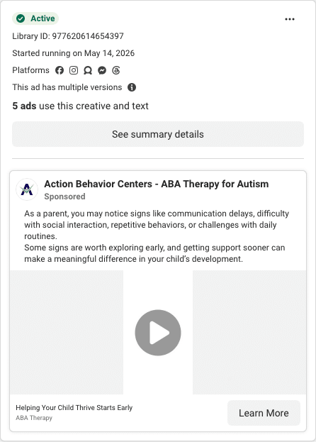 Action Behavior Centers Facebook ad running in Texas