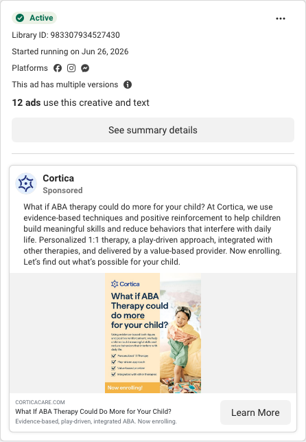 Cortica Facebook ad running in Connecticut