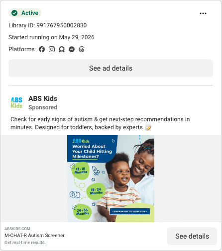 ABS Kids Facebook ad running in Texas